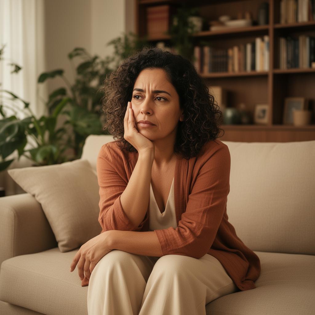 Mulher reflexiva olhando pela janela em ambiente acolhedor